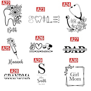 Puede incluir: Una colecci&oacute;n de dise&ntilde;os gr&aacute;ficos en blanco y negro. Los dise&ntilde;os incluyen un diente con flores y el nombre "Beth", herramientas dentales, un estetoscopio con flores, una jeringa con flores y el nombre "Hannah", y m&aacute;s.