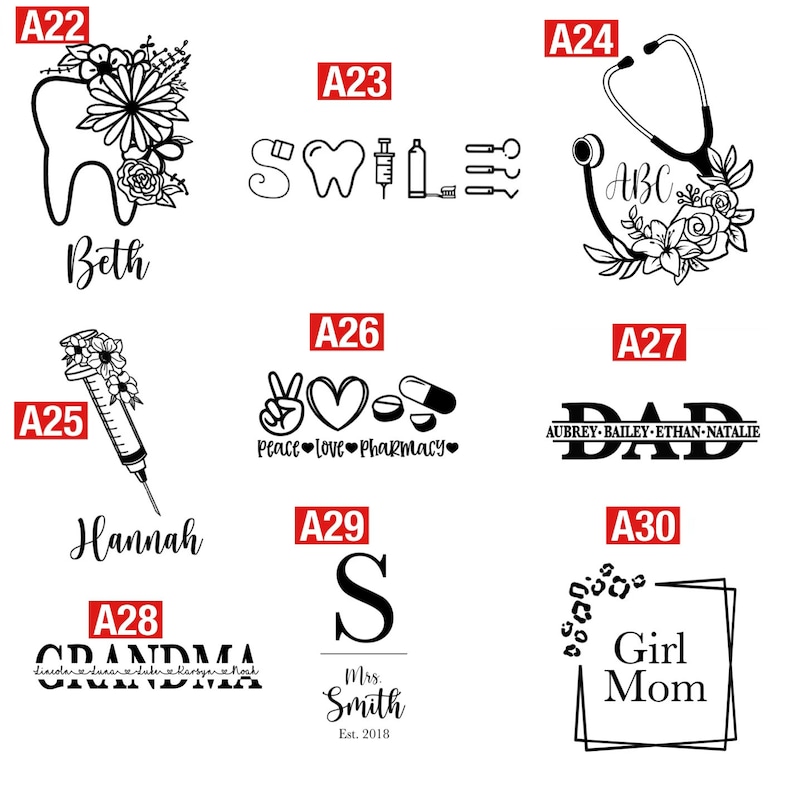 Puede incluir: Una colecci&oacute;n de dise&ntilde;os gr&aacute;ficos en blanco y negro. Los dise&ntilde;os incluyen un diente con flores y el nombre "Beth", herramientas dentales, un estetoscopio con flores, una jeringa con flores y el nombre "Hannah", y m&aacute;s.