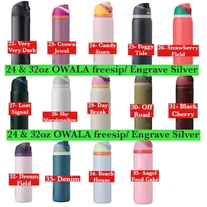 May include: A collection of Owala freesip water bottles in various colors, including black, pink, and blue. Each bottle has a unique color scheme and is labeled with a name. The bottles are available in 24 and 32-ounce sizes.