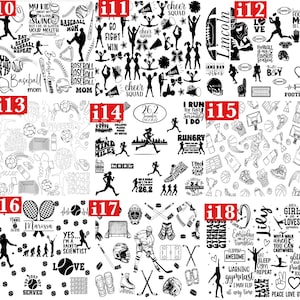 May include: A collection of black and white sports-themed graphics. The image includes illustrations of baseball, cheerleading, football, soccer, running, basketball, tennis, hockey, and gymnastics. Text includes phrases like "Baseball Mom" and "Eat Sleep Repeat".