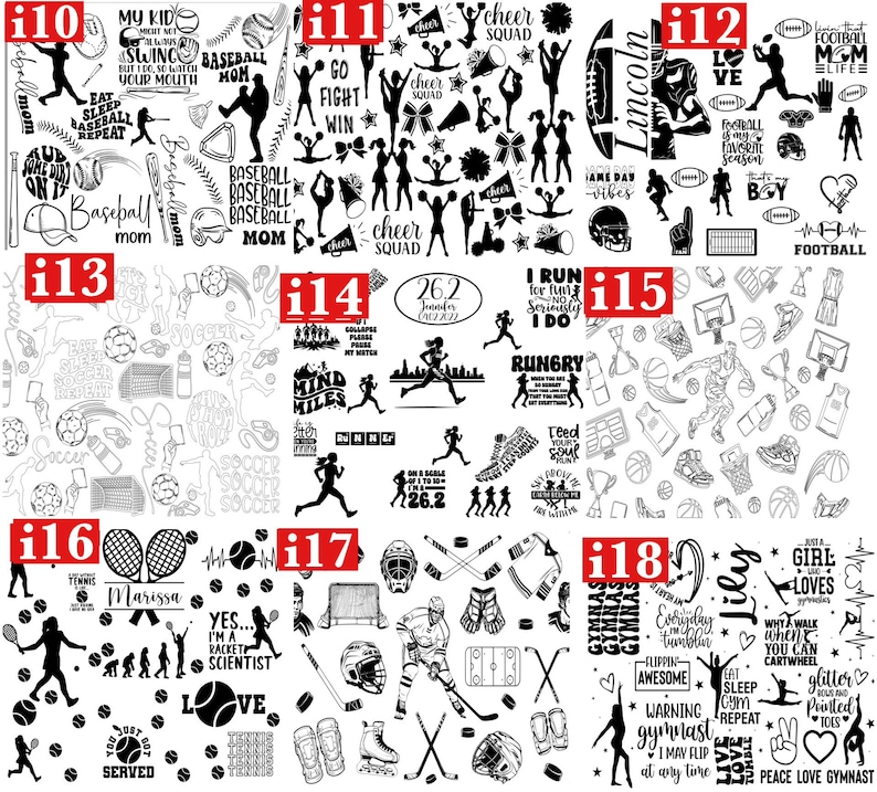 May include: A collection of black and white sports-themed graphics. The image includes illustrations of baseball, cheerleading, football, soccer, running, basketball, tennis, hockey, and gymnastics. Text includes phrases like "Baseball Mom" and "Eat Sleep Repeat".