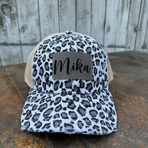 Mama Hat|Gift for Mama|Mother&#39;s Day gift|Mama ponytail hat|Gift for her|Gray leopard hat|leather patch hat|hat|Cheetah print hat|Gray white