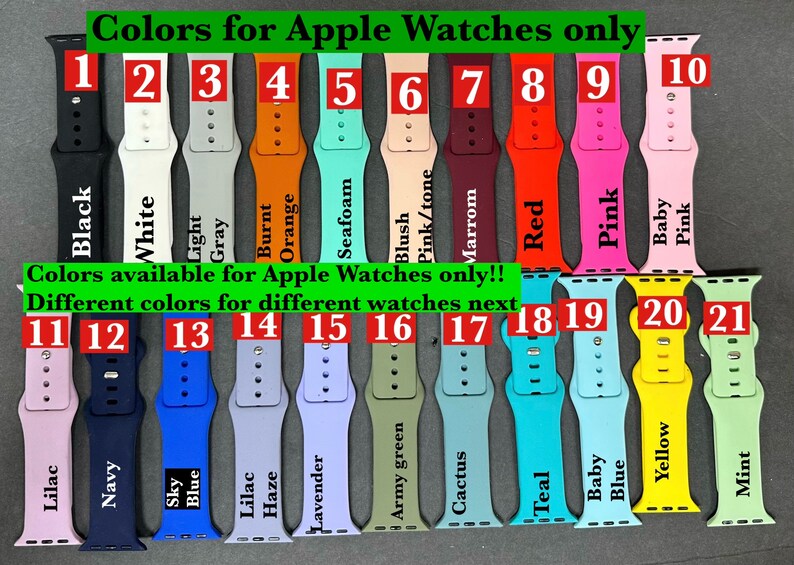 Pu&ograve; includere: Una variet&agrave; di 21 cinturini per orologi in silicone di diversi colori. I cinturini sono etichettati con i numeri da 1 a 21 e i nomi dei colori corrispondenti. Il testo "Colors for Apple Watches only" &egrave; nella parte superiore dell'immagine. Il testo "Colors available for Apple Watches only!! Different colors for different watches next" &egrave; nella parte inferiore dell'immagine.