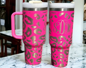 Cheetah tumbler|Leopard coffee mug|Monogram 40 ounce tumbler|40 ounce cup with handle and straw|40 oz cup with monogram|40 oz leopard cup