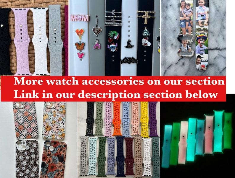 Pu&ograve; includere: Assortimento di cinturini per orologi colorati con vari motivi, tra cui facce sorridenti, stampa leopardata e disegni floreali. Ci sono anche cinturini tinta unita in nero, bianco, rosa e verde. Il testo "Altri accessori per orologi nella nostra sezione Link nella nostra sezione di descrizione qui sotto" &egrave; visibile nella parte inferiore dell'immagine.