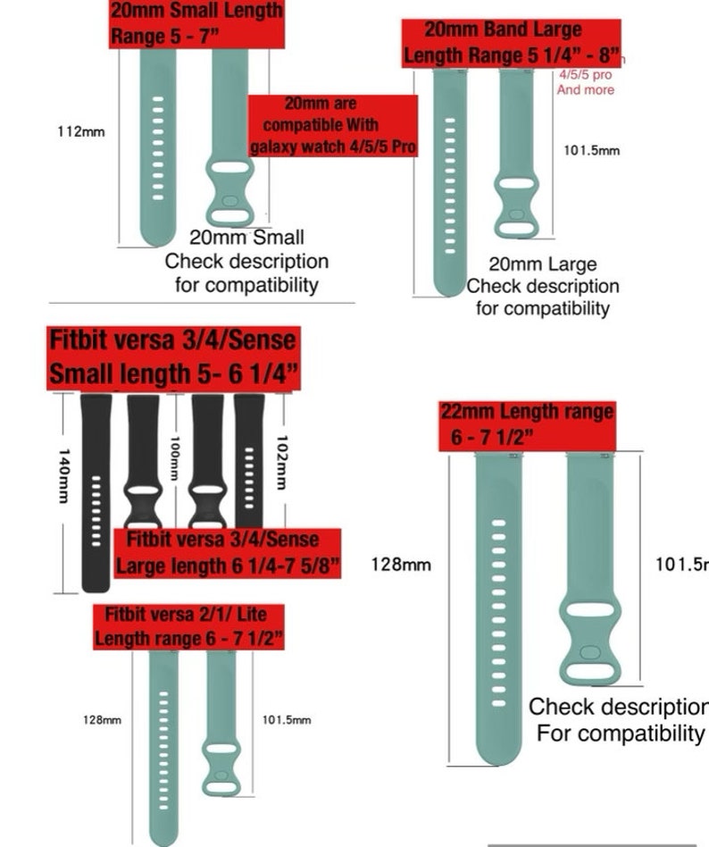 May include: An image showing various smartwatch band sizes and compatibility information. The bands are in different colors, with measurements in inches and millimeters. Text includes "20mm Small", "20mm Large", "22mm Length range", and "Fitbit versa" models.