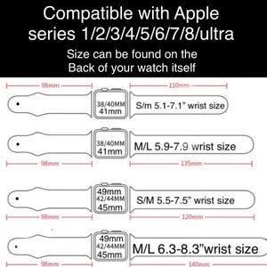 May include: Diagram of Apple Watch band sizes, compatible with series 1-8 and Ultra. Includes measurements in millimeters and inches for various wrist sizes, such as S/M 5.1-7.1" and M/L 6.3-8.3". Text indicates size location.