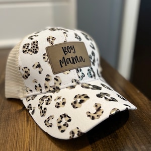 Boy Mama Hat|Gift for Boy Mama|Mother&#39;s Day gift|Mama ponytail hat|Gift for her|leather patch hat|hat|Cheetah print hat|Leopard hat RTaP