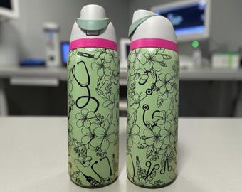 Personalized Nurse Owala Water Bottle | Custom Engraved Tumbler | 30oz RN Nurse Appreciation Gift | 40oz Nursing Gift | Floral Stethoscope