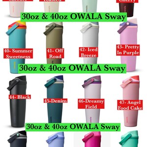 May include: A collection of Owala Sway water bottles in 30oz and 40oz sizes, displayed in various colors including Sparkling Sherbet, Lightly Toasted, Eucalyptus, Black Cherry, Summer Sweetness, Off Road, Iced Breeze, Pretty In Purple, Black, Denim, Dreamy Field, Angel Food Cake, Foggy Tide Navy, Out Of The Blue, Metallic Pink, and 90's Kid.