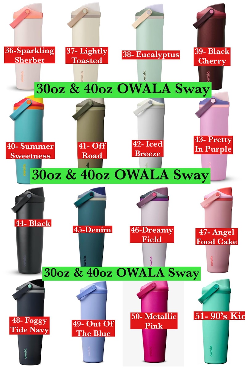 May include: A collection of Owala Sway water bottles in 30oz and 40oz sizes, displayed in various colors including Sparkling Sherbet, Lightly Toasted, Eucalyptus, Black Cherry, Summer Sweetness, Off Road, Iced Breeze, Pretty In Purple, Black, Denim, Dreamy Field, Angel Food Cake, Foggy Tide Navy, Out Of The Blue, Metallic Pink, and 90's Kid.