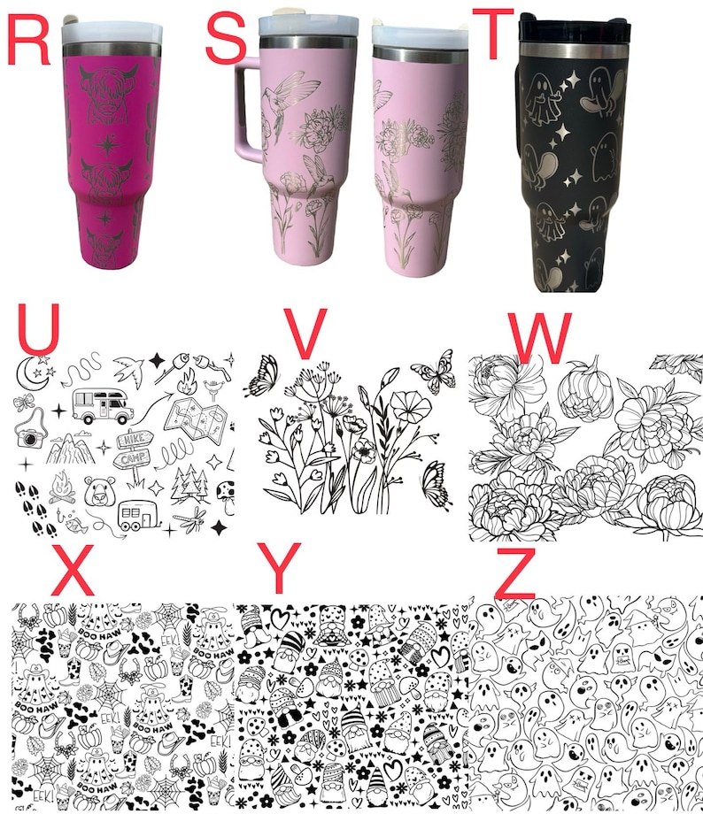 Puede incluir: Varios vasos aislados con diferentes dise&ntilde;os. Uno es magenta con una vaca de las Tierras Altas, otro es rosa con detalles florales y colibr&iacute;es, y uno negro con figuras de fantasmas. Tambi&eacute;n se muestran patrones en blanco y negro.