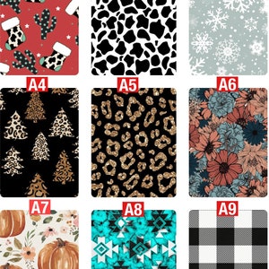 May include: Nine different patterned designs for digital downloads. The patterns include Christmas stockings, cow print, snowflakes, Christmas trees, leopard print, floral, pumpkins, turquoise geometric, and black and white checkered.