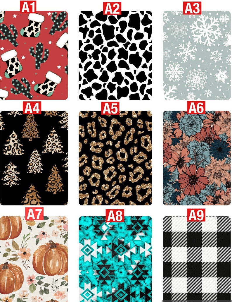 May include: Nine different patterned designs for digital downloads. The patterns include Christmas stockings, cow print, snowflakes, Christmas trees, leopard print, floral, pumpkins, turquoise geometric, and black and white checkered.