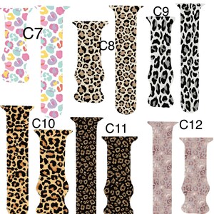 May include: Selection of Apple Watch straps featuring animal print patterns. Designs include leopard spots in brown, black, and white, alongside bands with pastel-colored spots. Each strap is labelled with a "C" followed by a number.