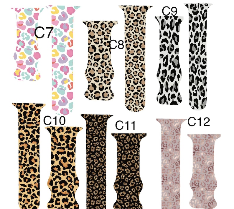 May include: Selection of Apple Watch straps featuring animal print patterns. Designs include leopard spots in brown, black, and white, alongside bands with pastel-colored spots. Each strap is labelled with a "C" followed by a number.