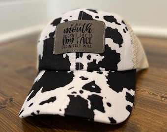 Sombrero atrevido/Regalo para ella/Regalo rbf/Sombrero de cola de caballo sarcástico/Regalo para ella/Sombrero con parche de cuero/Sombrero/Sombrero con estampado de vaca/Sombrero con estampado de leopardo/Sombrero divertido/Sarcasmo