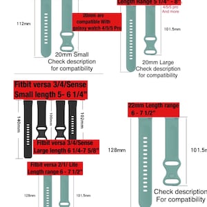 May include: Diagram showing watch straps with measurements in millimetres and inches. Includes straps for Fitbit Versa and Galaxy Watch models. Text indicates sizes and compatibility, with length ranges from 13.3 cm to 20.3 cm.