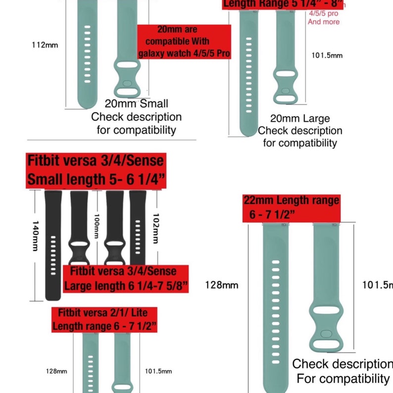 May include: Diagram showing watch straps with measurements in millimetres and inches. Includes straps for Fitbit Versa and Galaxy Watch models. Text indicates sizes and compatibility, with length ranges from 13.3 cm to 20.3 cm.