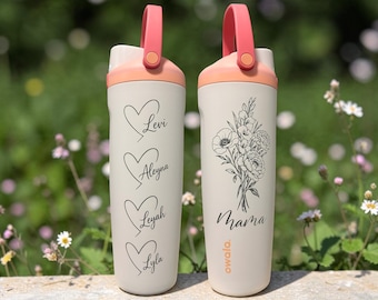 Personalized Owala Water Bottle with Kids Names, Custom Birth Flower Bouquet for Mom, Engraved Mama Tumbler, Mother's Day Gift from Children
