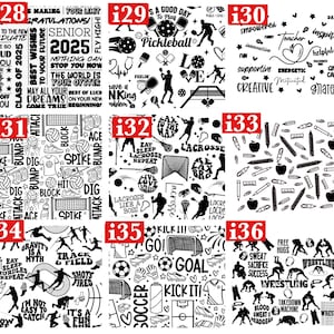 May include: A collection of black and white illustrations featuring various sports and activities. The designs include pickleball, lacrosse, soccer, wrestling, track and field, and graduation-themed elements. The text includes motivational phrases and sports-related terms.