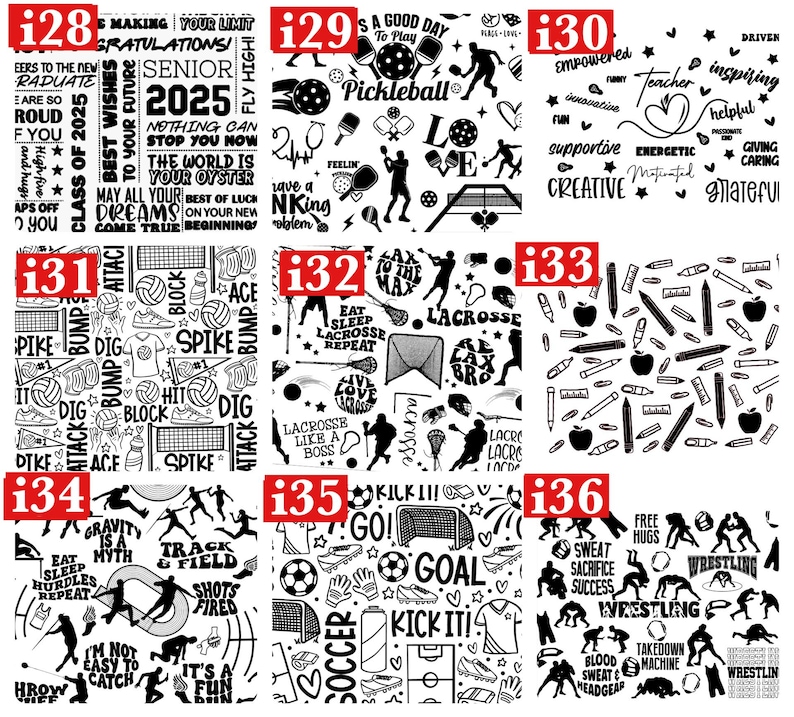 May include: A collection of black and white illustrations featuring various sports and activities. The designs include pickleball, lacrosse, soccer, wrestling, track and field, and graduation-themed elements. The text includes motivational phrases and sports-related terms.