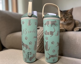 Personalized Cat Owala Water Bottle, Engraved Cat Lover Gift, Custom Name Owala, Kitty & Paw Print Tumbler, Gift for Cat Mom