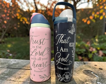Christian Owala Water Bottle, Bible Verse Engraved Tumbler, 32oz Faith Gift for Women, Proverbs 3;5, Psalm 46:10, Religious Christian Gift