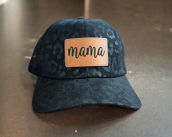Mama Hat|Gift for Mama|Mother's Day gift|Mama ponytail hat|Gift for her|Gray leopard hat|leather patch hat|hat|Cheetah print hat|Cute hat