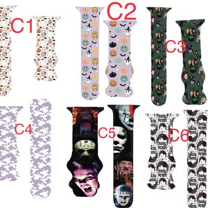 May include: A selection of Halloween-themed watch straps. Designs feature ghosts, pumpkins, bats, smiley faces, and horror movie characters. The straps are in various colours, including white, purple, and green.