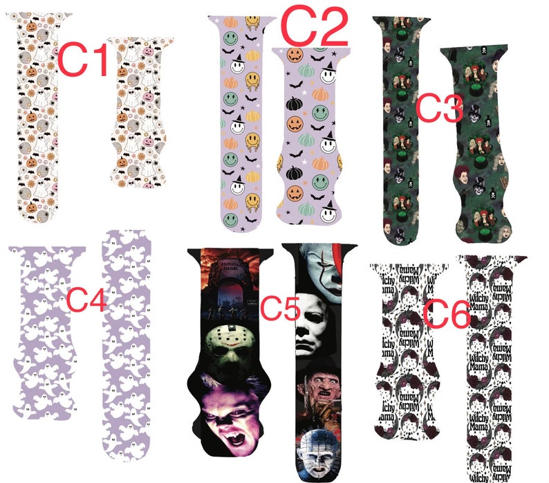 May include: A selection of Halloween-themed watch straps. Designs feature ghosts, pumpkins, bats, smiley faces, and horror movie characters. The straps are in various colours, including white, purple, and green.
