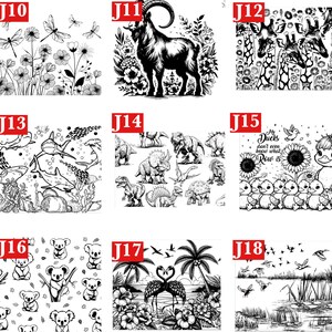 May include: A collection of nine black and white graphic prints labeled J10 through J18. Designs include dragonflies and flowers, a goat, giraffes, sharks, dinosaurs, ducks with text, koalas, flamingos with palm trees, and a marsh landscape.