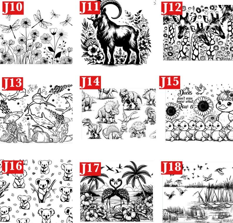 May include: A collection of nine black and white graphic prints labeled J10 through J18. Designs include dragonflies and flowers, a goat, giraffes, sharks, dinosaurs, ducks with text, koalas, flamingos with palm trees, and a marsh landscape.