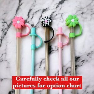 May include: A collection of colorful reusable straws with decorative toppers. The toppers include flower and cow print designs in pink, green, and black. The text "Carefully check all our pictures for option chart" is visible.