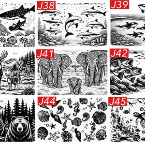 May include: A collection of nine black and white illustrations labeled J37 through J45. The images feature various scenes including sharks, dolphins, orcas, deer, elephants, fish, bears, seashells, and a sea turtle in detailed graphic line art.