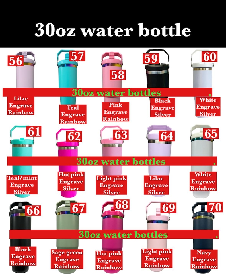 Puede incluir: Una colecci&oacute;n de botellas de agua de 30 oz (887 ml) en varios colores, incluyendo lila, turquesa, rosa, negro y blanco. Cada botella tiene un asa y una tapa de rosca. El texto "30oz water bottle" se muestra en la parte superior.