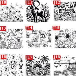 Op de afbeelding: Zwart-wit illustraties van verschillende dieren en sc&egrave;nes. Bevat afbeeldingen van libellen en bloemen, een geit, giraffen, haaien, dinosaurussen, eenden met tekst, koala's, flamingo's en een moeraslandschap.