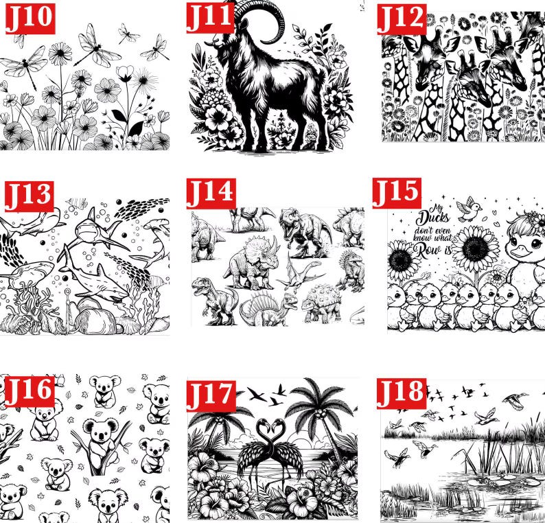 Op de afbeelding: Zwart-wit illustraties van verschillende dieren en sc&egrave;nes. Bevat afbeeldingen van libellen en bloemen, een geit, giraffen, haaien, dinosaurussen, eenden met tekst, koala's, flamingo's en een moeraslandschap.