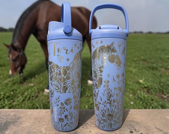 Personalized Horse Owala Water Bottle, Engraved Equestrian Tumbler, Floral Horse Gift, Custom Name Owala, Horse Lover Gift for Women & Girls