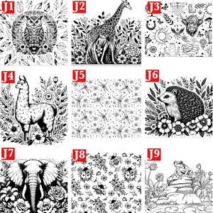 Op de afbeelding: Negen zwart-wit illustraties van dieren en patronen. De afbeeldingen tonen een uil, een giraffe, een stier, een lama, libellen, een egel, een olifant, lieveheersbeestjes en een kikker. Elke afbeelding is omgeven door bloemen- en bladmotieven.