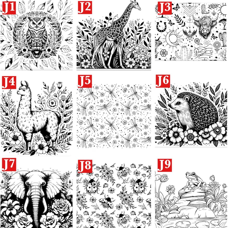Op de afbeelding: Negen zwart-wit illustraties van dieren en patronen. De afbeeldingen tonen een uil, een giraffe, een stier, een lama, libellen, een egel, een olifant, lieveheersbeestjes en een kikker. Elke afbeelding is omgeven door bloemen- en bladmotieven.