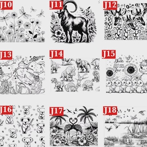 May include: Black and white illustrations of various animals and scenes. Includes images of dragonflies and flowers, a goat, giraffes, sharks, dinosaurs, ducks with text "My Ducks don't even know what Row is", koalas, flamingos, and birds over a marsh.