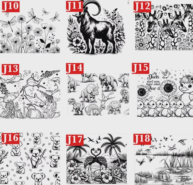 May include: Black and white illustrations of various animals and scenes. Includes images of dragonflies and flowers, a goat, giraffes, sharks, dinosaurs, ducks with text "My Ducks don't even know what Row is", koalas, flamingos, and birds over a marsh.