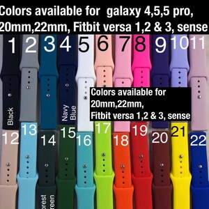 May include: A variety of colorful watch bands are displayed, numbered 1 through 22. The bands come in various colors, including black, gray, blue, white, pink, purple, green, orange, red, and yellow. Text indicates compatibility with Galaxy and Fitbit models.