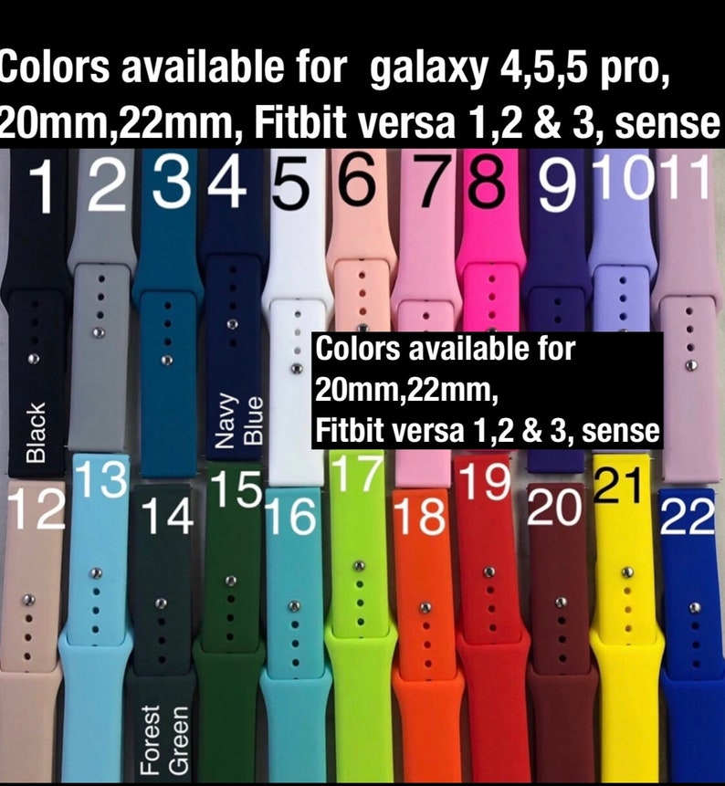 May include: A variety of colorful watch bands are displayed, numbered 1 through 22. The bands come in various colors, including black, gray, blue, white, pink, purple, green, orange, red, and yellow. Text indicates compatibility with Galaxy and Fitbit models.