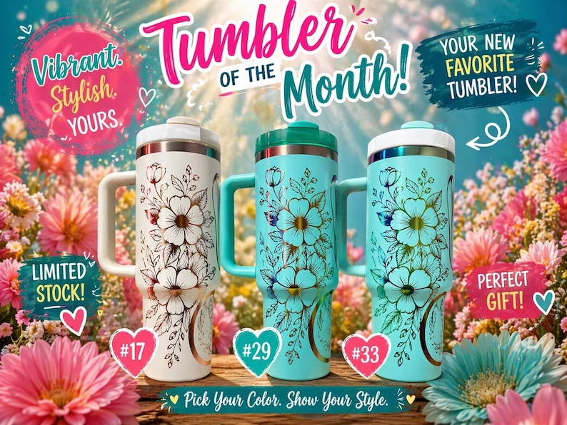 Op de afbeelding: Drie met bloemen versierde bekers met handvatten worden gepresenteerd tegen een bloemenachtergrond. De bekers zijn wit, blauwgroen en blauwgroen met gouden accenten. Tekst bevat "Tumbler of the Month!" en "Pick Your Color. Show Your Style."