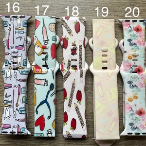 May include: Ten different Apple Watch bands with various designs. The bands are numbered 16 through 20. The designs include dental tools, medical tools, pencils, apples, and floral patterns.