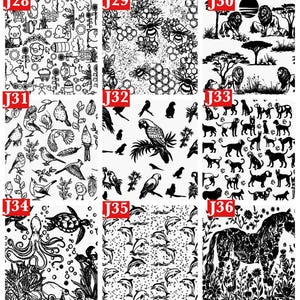 May include: A grid of nine square panels labeled J28 through J36, each featuring a distinct black and white graphic pattern. Designs include farm animals, bees with honeycombs, lions in a savanna, various birds, parrots, dogs, sea life, dolphins, and a horse.