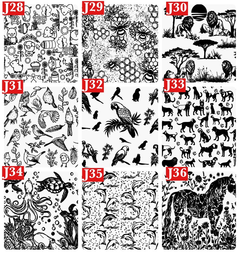 May include: A grid of nine square panels labeled J28 through J36, each featuring a distinct black and white graphic pattern. Designs include farm animals, bees with honeycombs, lions in a savanna, various birds, parrots, dogs, sea life, dolphins, and a horse.