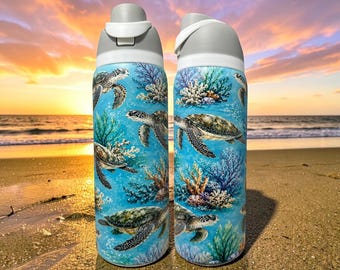 Botella de agua personalizada con diseño de tortuga marina / Vaso con diseño de tortuga oceánica / Botella de acero inoxidable Owala Coastal / Regalo para amantes de la playa / Botella con diseño de vida marina